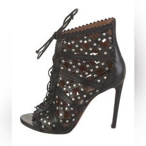ALAÏA Black Studded Laser-Cut Lace-Up Heels | Size 36.5 (US 6.5) | Stiletto Heel